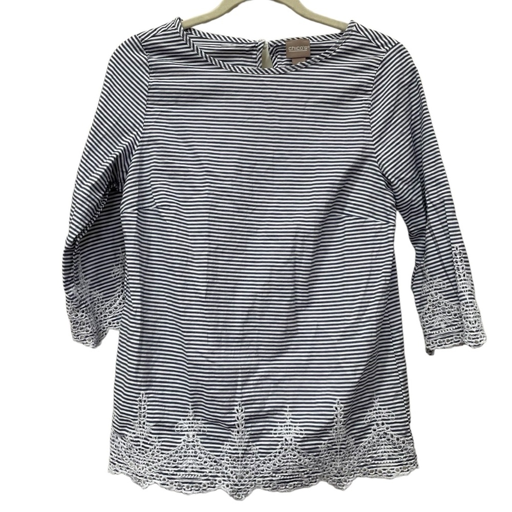 Chicos size 1 Blue White Striped Eyelet top blouse M 8
